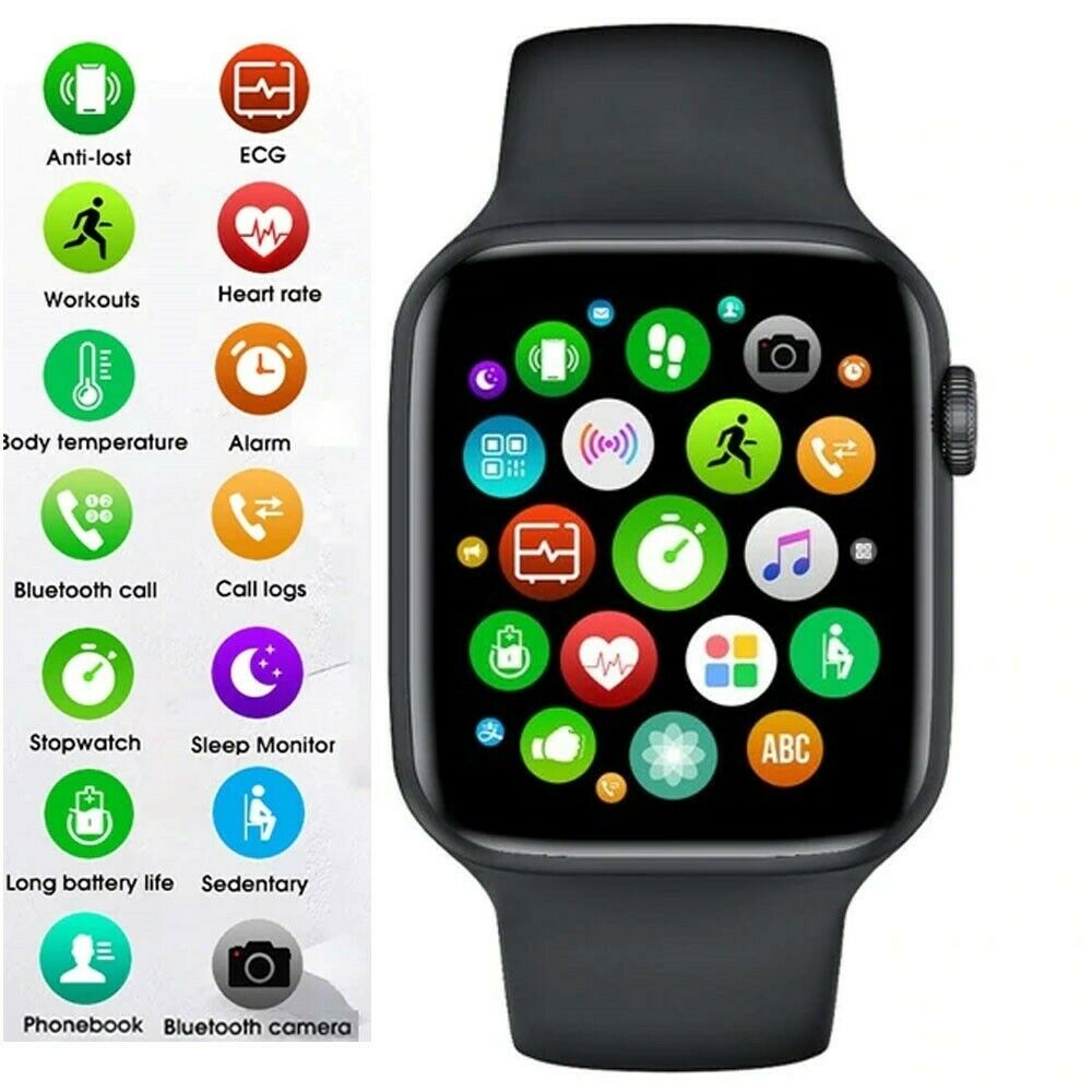 Smartwatch nero con cinturino e display touch, icone app colorate sul quadrante