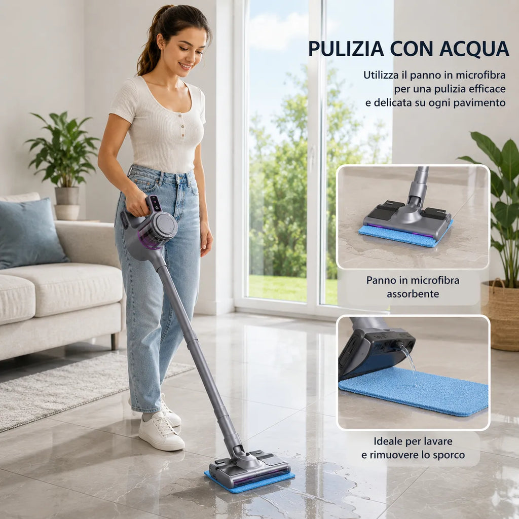 Aspirapolvere senza fili con spazzola lavapavimenti e panno in microfibra assorbente
