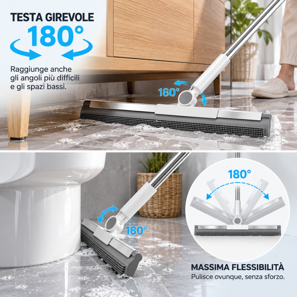 Spazzola tergipavimento 2 in 1 testa girevole 180° per angoli, spazzola e lama