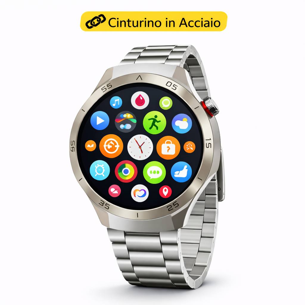Smartwatch con cinturino in acciaio argento e quadrante con icone colorate