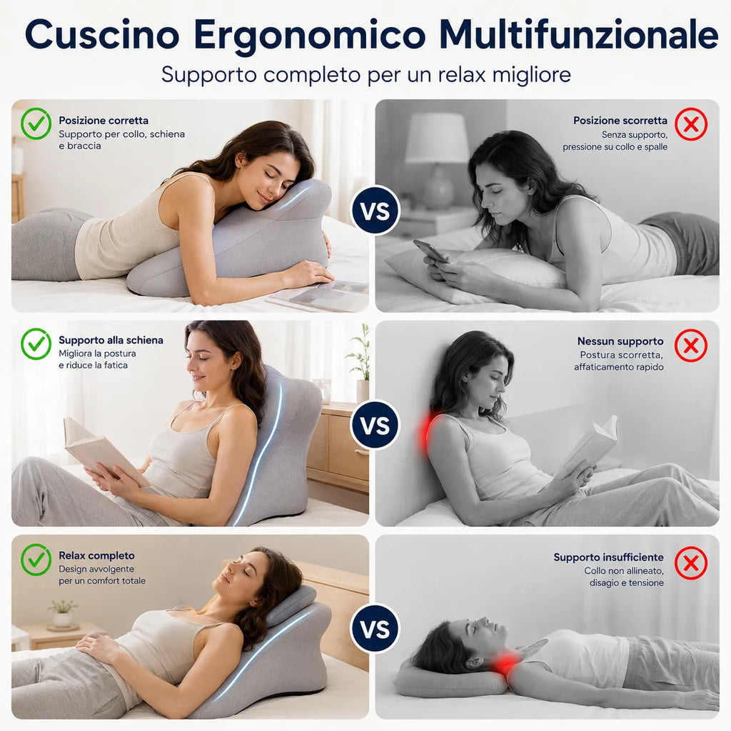 Cuscino ergonomico multifunzionale grigio con supporto per collo e schiena