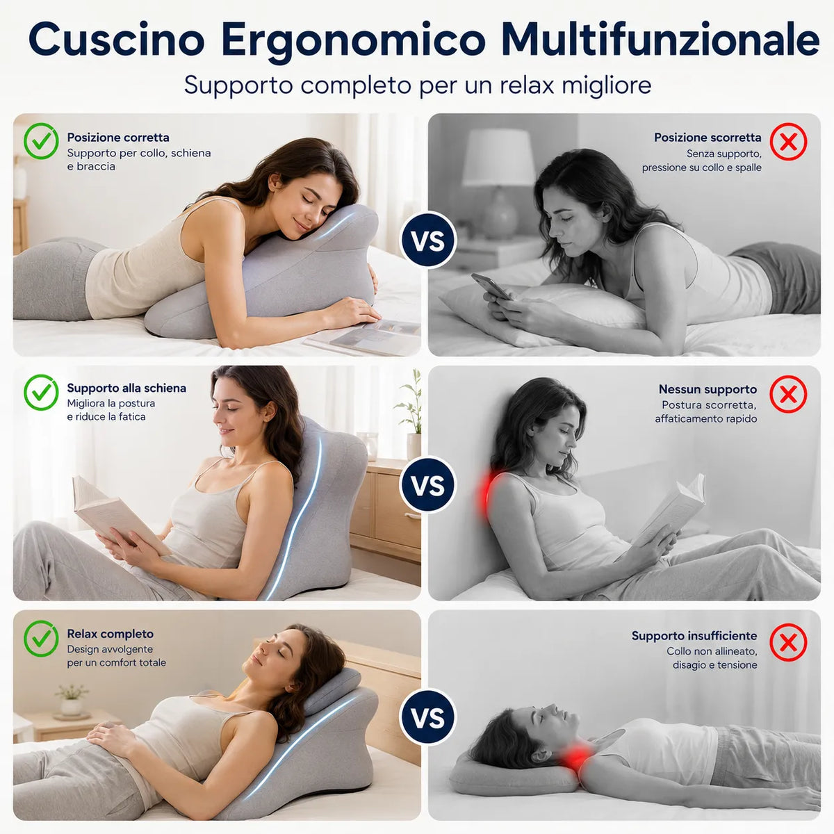 Cuscino ergonomico multifunzionale grigio con supporto per collo e schiena