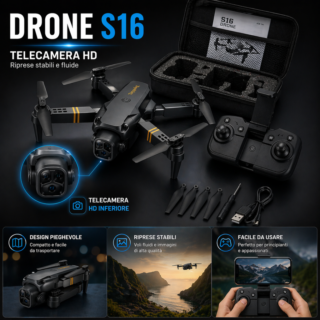 Mini drone pieghevole con telecamera HD inferiore, corpo nero e grigio