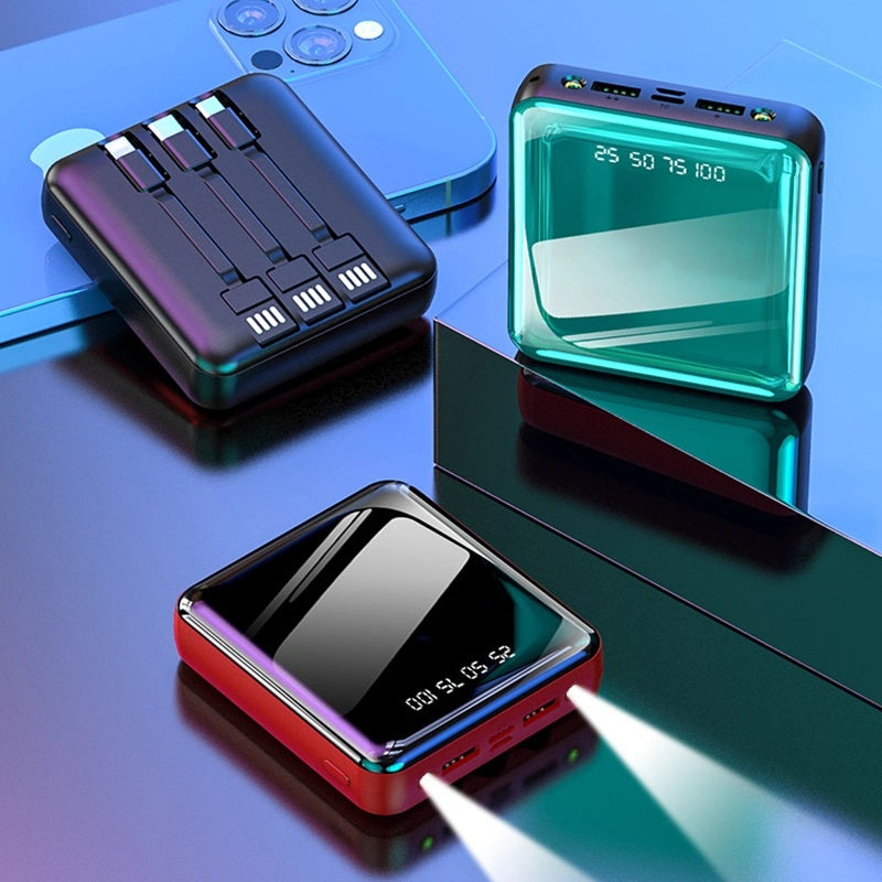 Power bank compatto con display LED verde, porte USB e cavi integrati