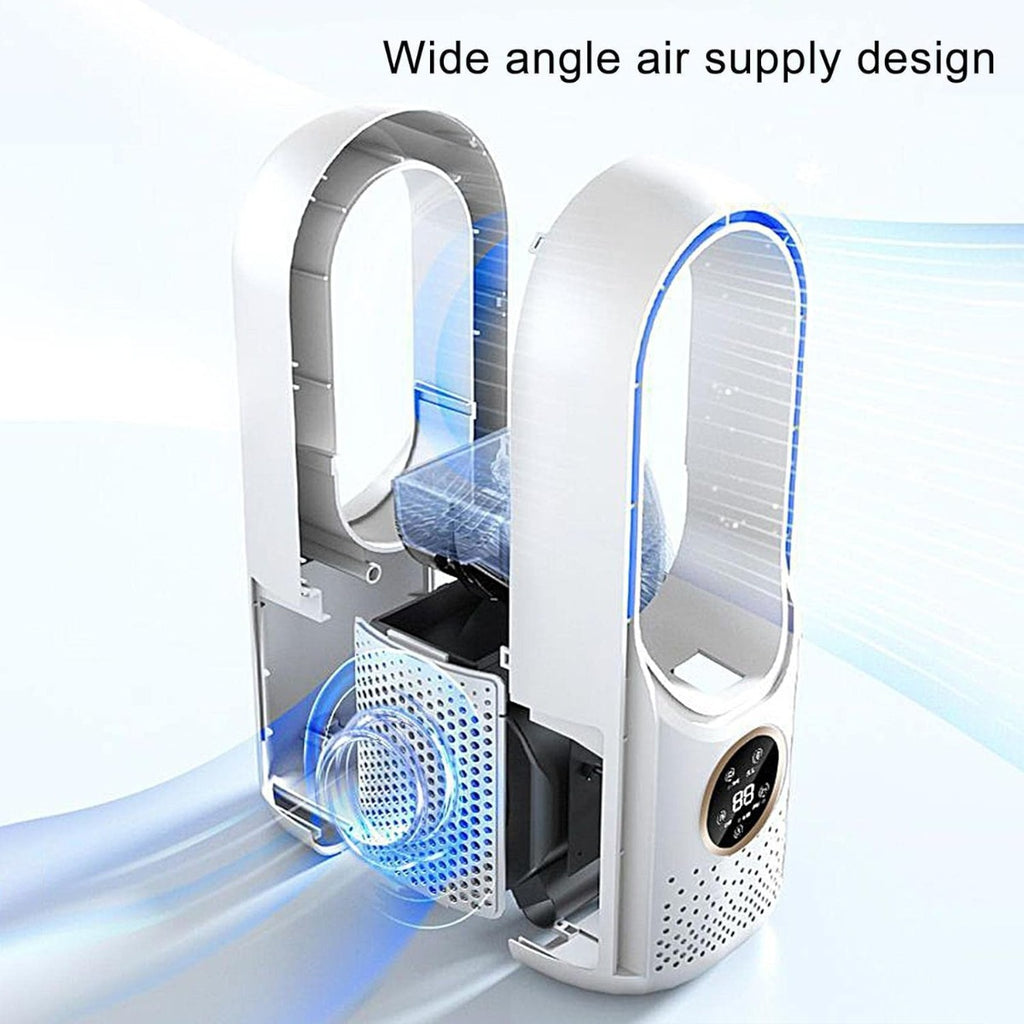 Condizionatore portatile bianco senza pale con vano interno e griglia forata