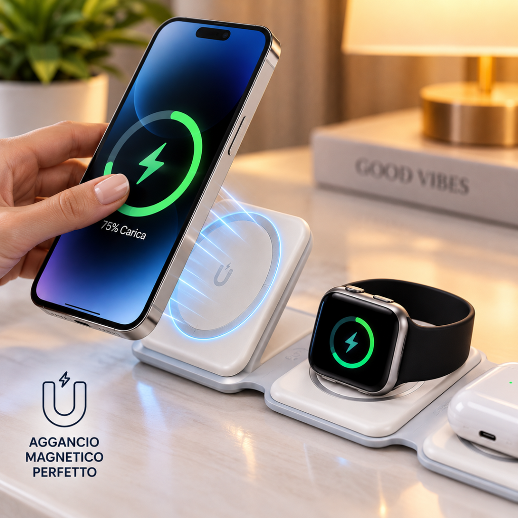 Base 3 in 1 pieghevole con ricarica magnetica: telefono, smartwatch e auricolari