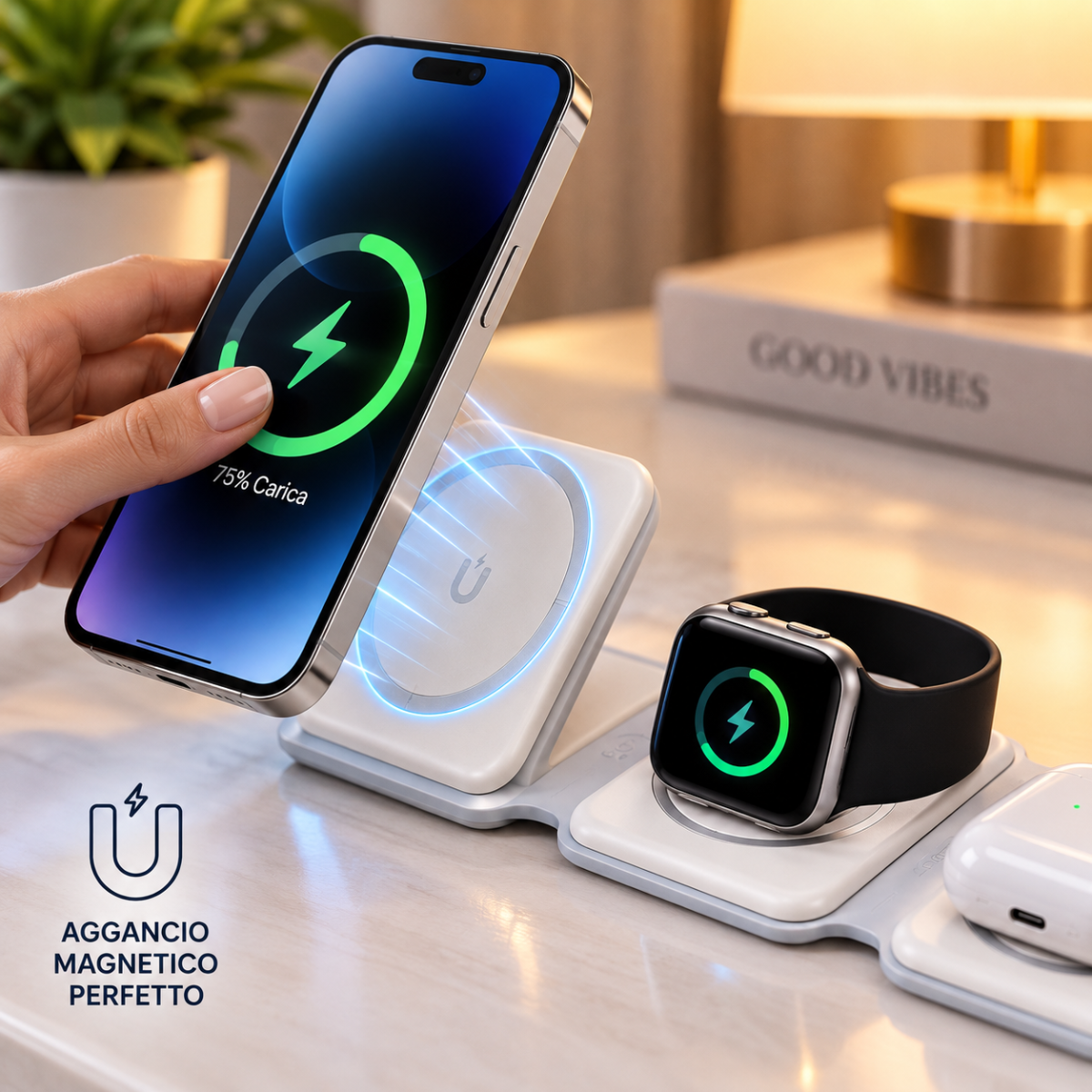 Base 3 in 1 pieghevole con ricarica magnetica: telefono, smartwatch e auricolari