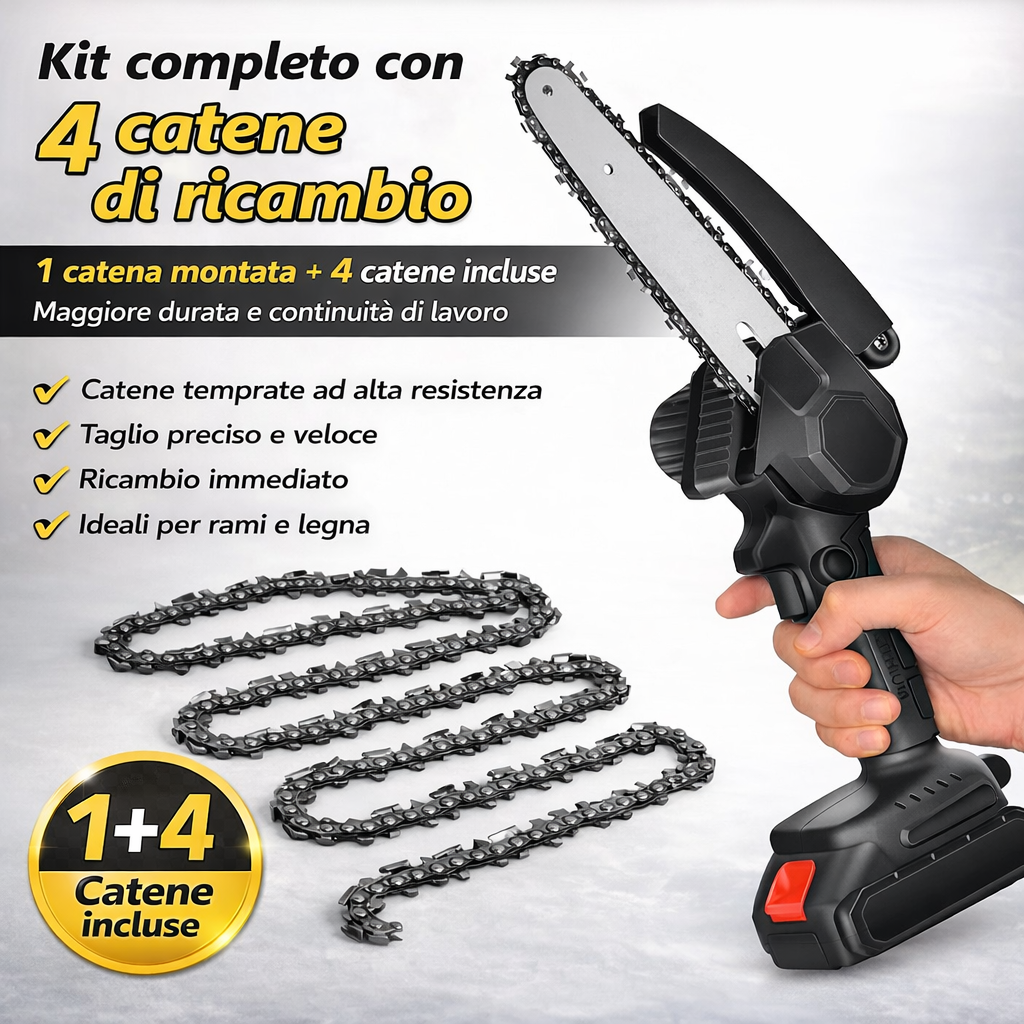 Mini Motosega Elettrica Ricaricabile 48V 4+1 Catene 6” con 2 Batterie e Valigetta  – Sega Potatura Leggera per Giardino e Legna