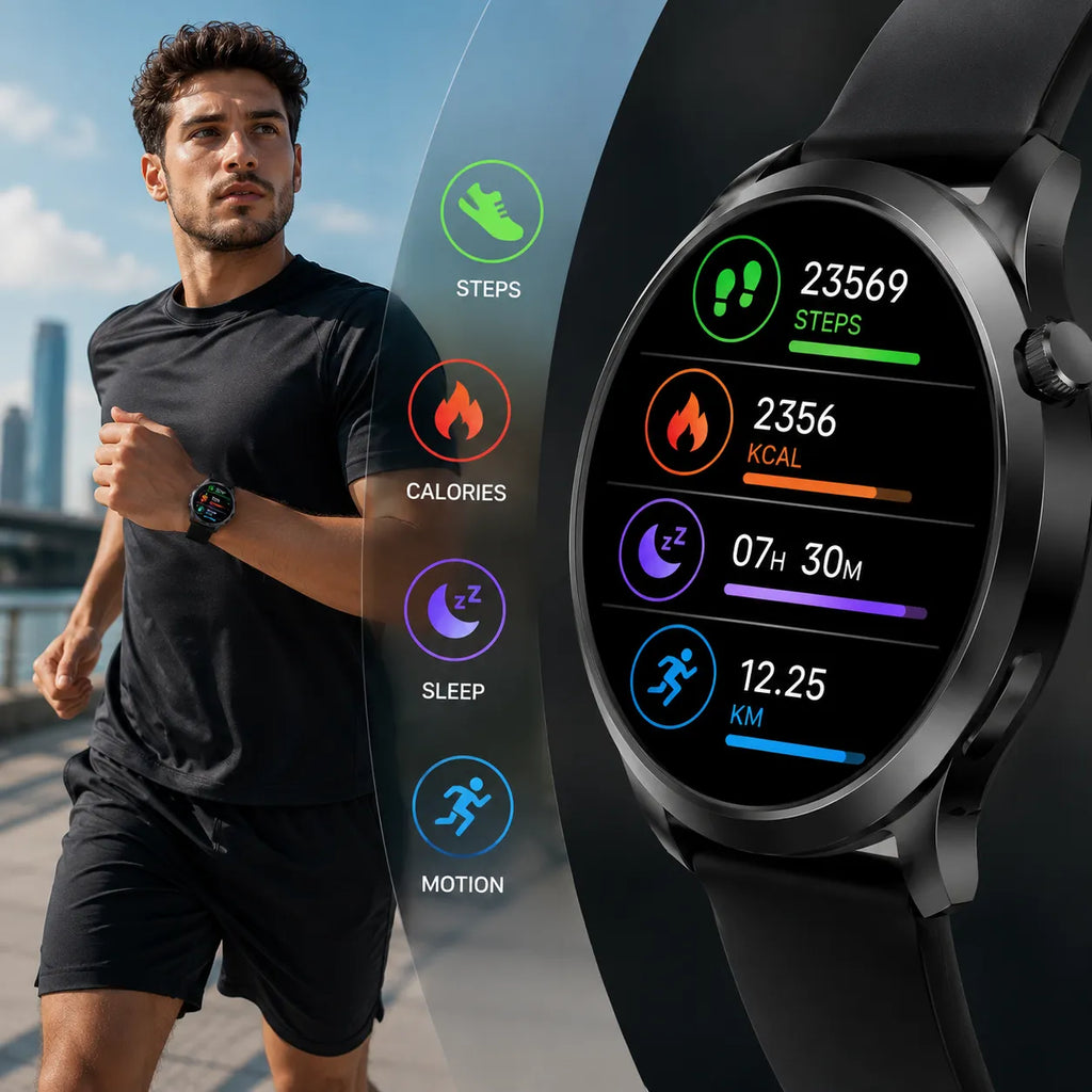 Smartwatch uomo nero con display circolare, passi e calorie visualizzati