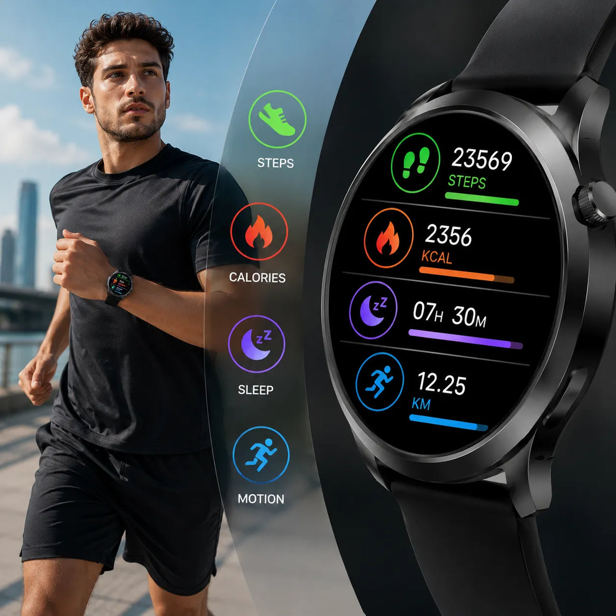 Smartwatch uomo nero con display circolare, passi e calorie visualizzati