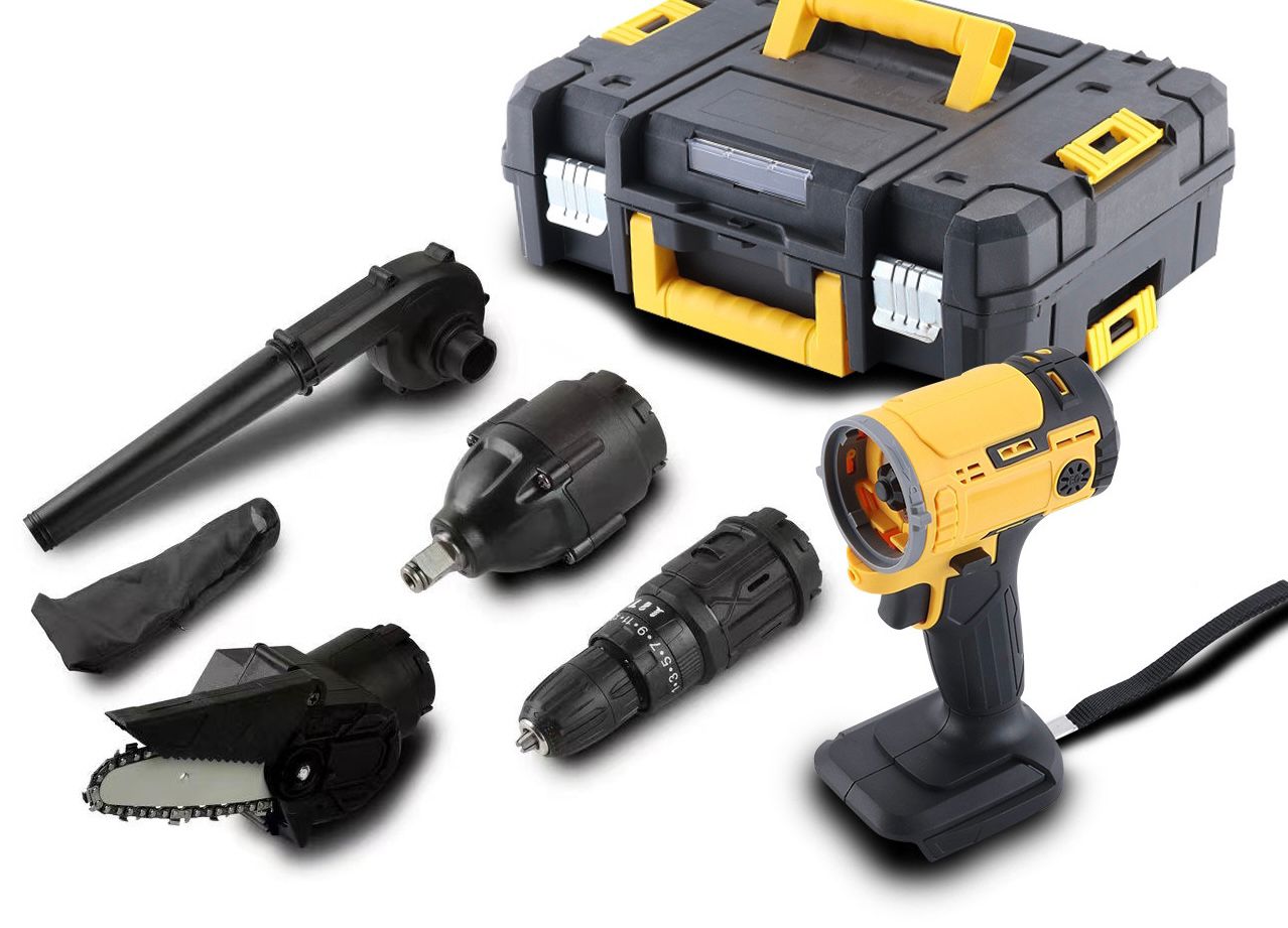Kit attrezzi elettrici 5 in 1: trapano avvitatore mini giallo/nero con accessori e custodia