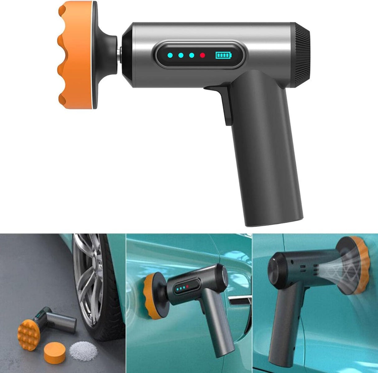 Lucidatrice cordless per auto con testina arancione e accessori per lucidatura