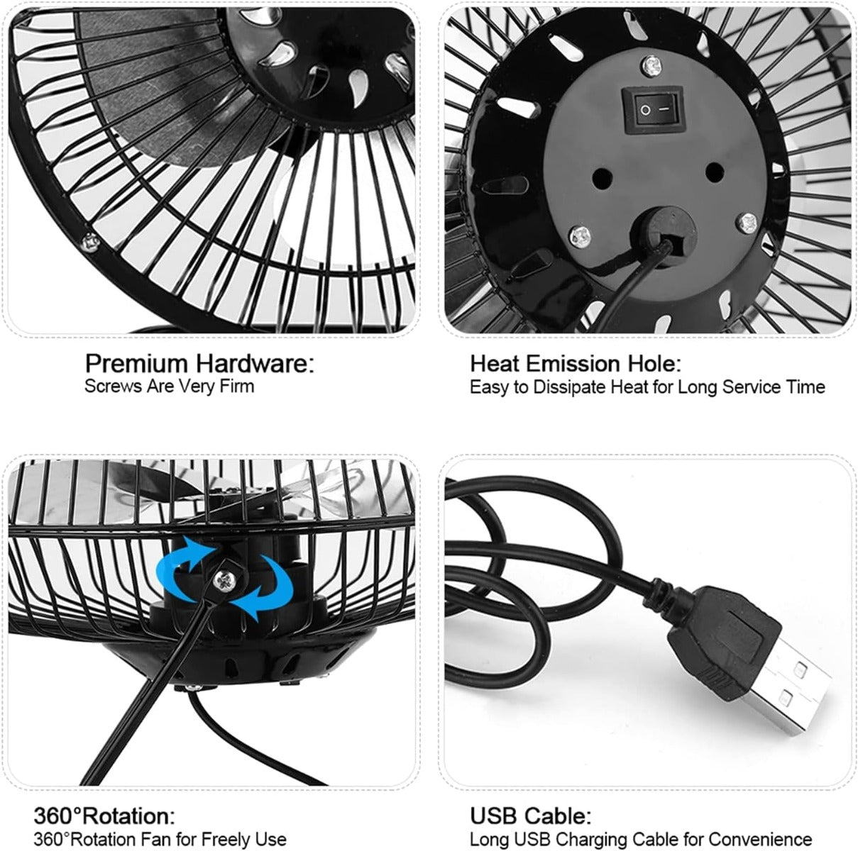Mini ventilatore da tavolo nero con base metallica, interruttore e cavo USB.