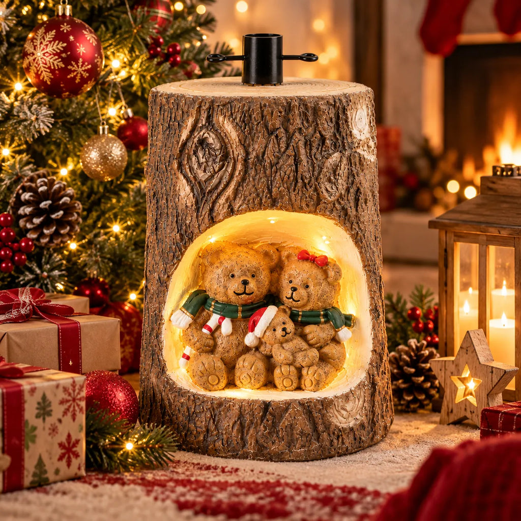 Tronco natalizio decorativo in legno con orsetti illuminati e luci integrate