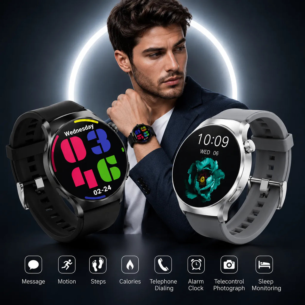 Smartwatch uomo con cinturino nero e grigio, display circolare con icone funzioni
