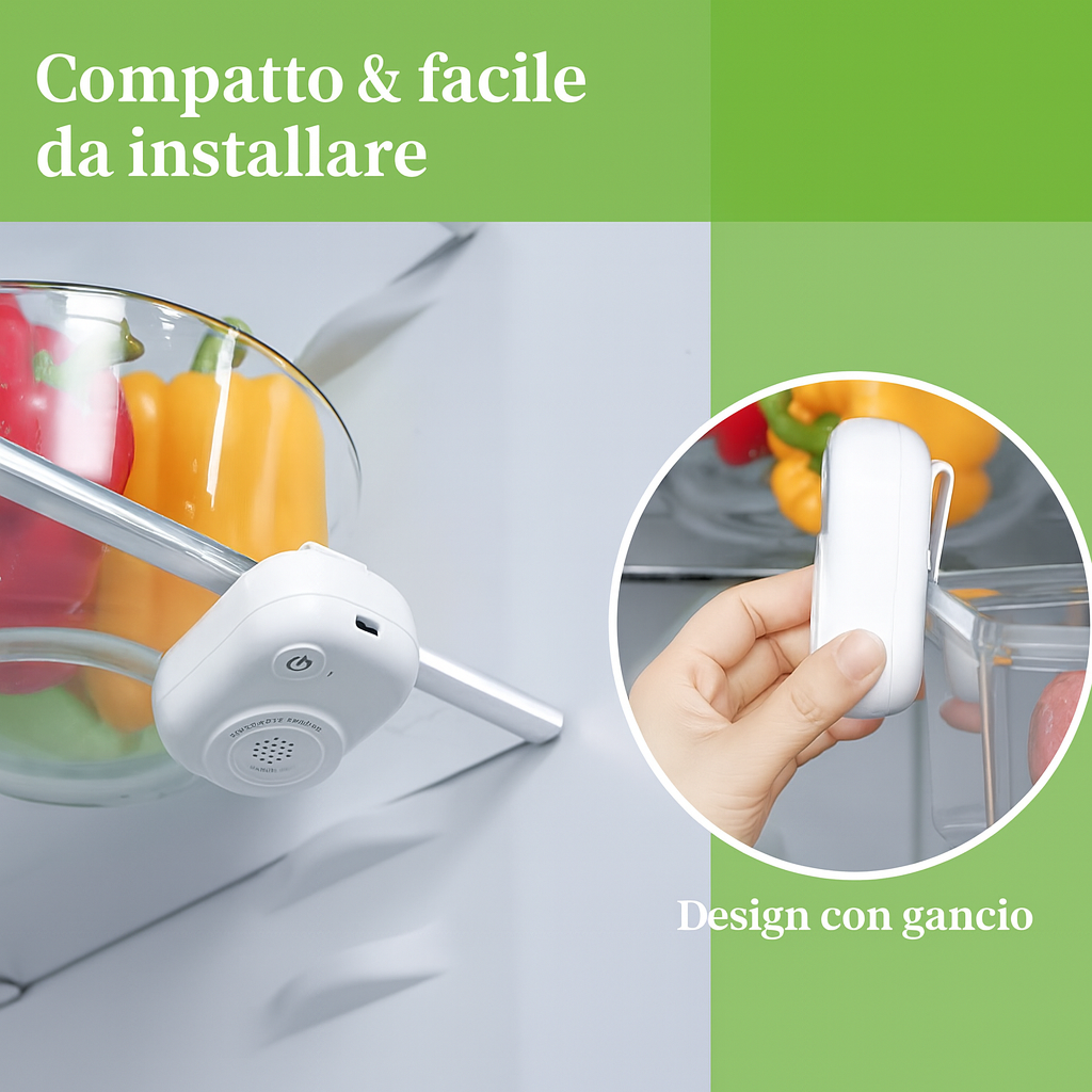 Mini purificatore d’aria per frigorifero bianco con cavo e aggancio su ripiano