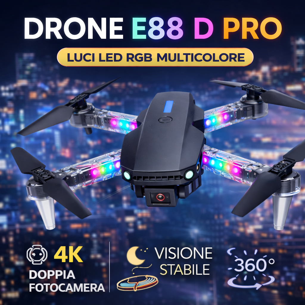 Drone pieghevole nero e grigio con due fotocamere e luci LED RGB multicolore.