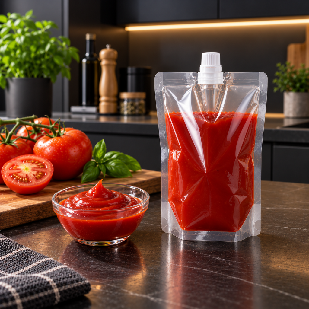 Sacchetto salvaspazio trasparente con beccuccio e tappo ermetico, con liquido rosso