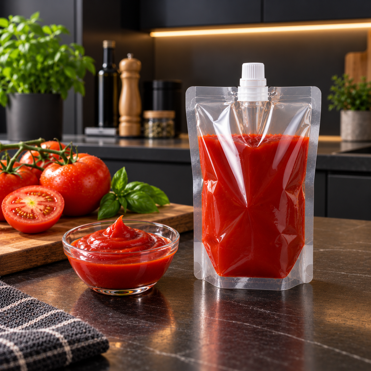 Sacchetto salvaspazio trasparente con beccuccio e tappo ermetico, con liquido rosso