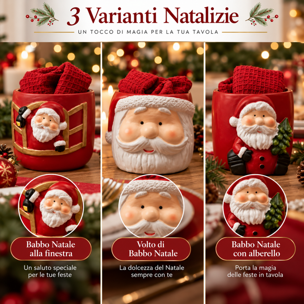 Tavola varianti: 3 tazze natalizie con Babbo Natale, con strofinacci inclusi
