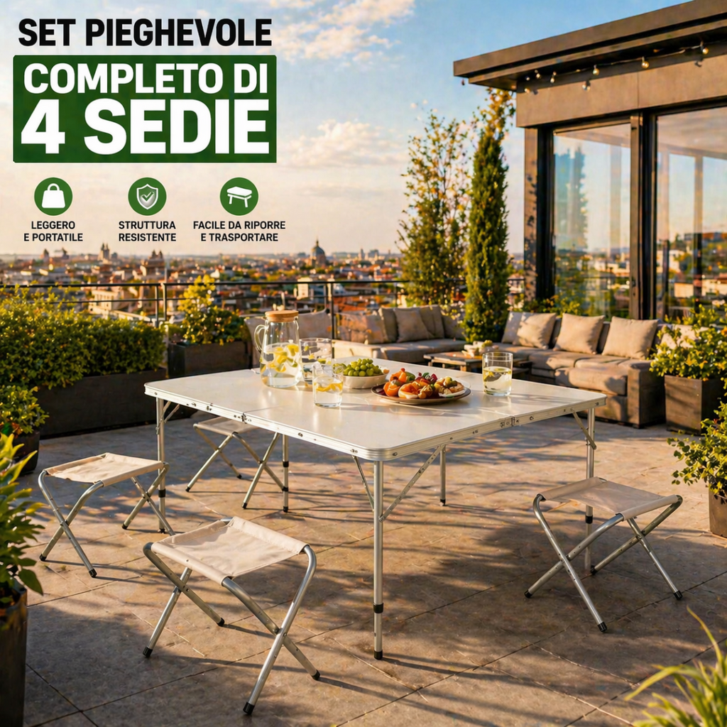 Tavolo Pieghevole con 4 Sedie – Set Campeggio Portatile Salvaspazio | Tavolino Richiudibile a Valigetta per Picnic, Giardino e Viaggi