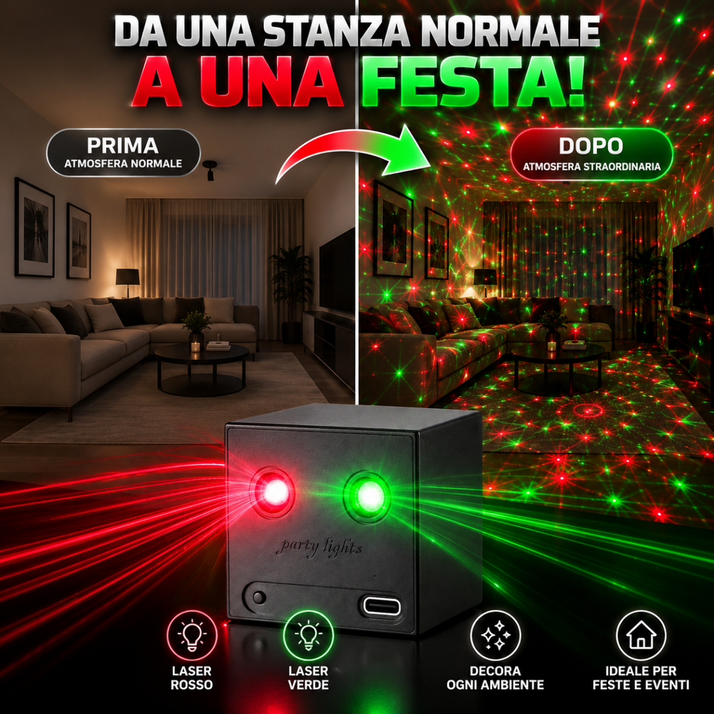 Mini proiettore laser nero con raggi rossi e verdi, controlli per effetti dinamici