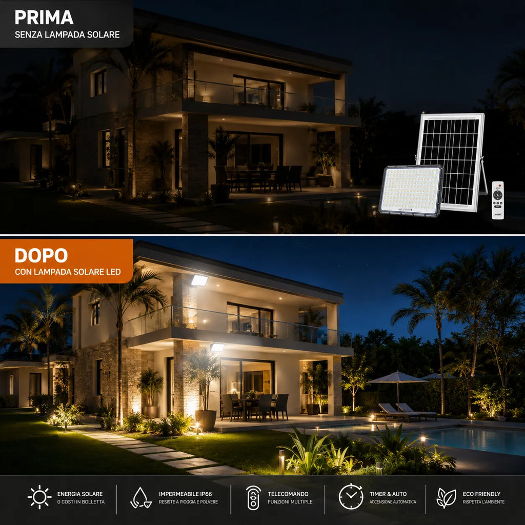 Faro LED solare con pannello fotovoltaico e telecomando, luce bianca