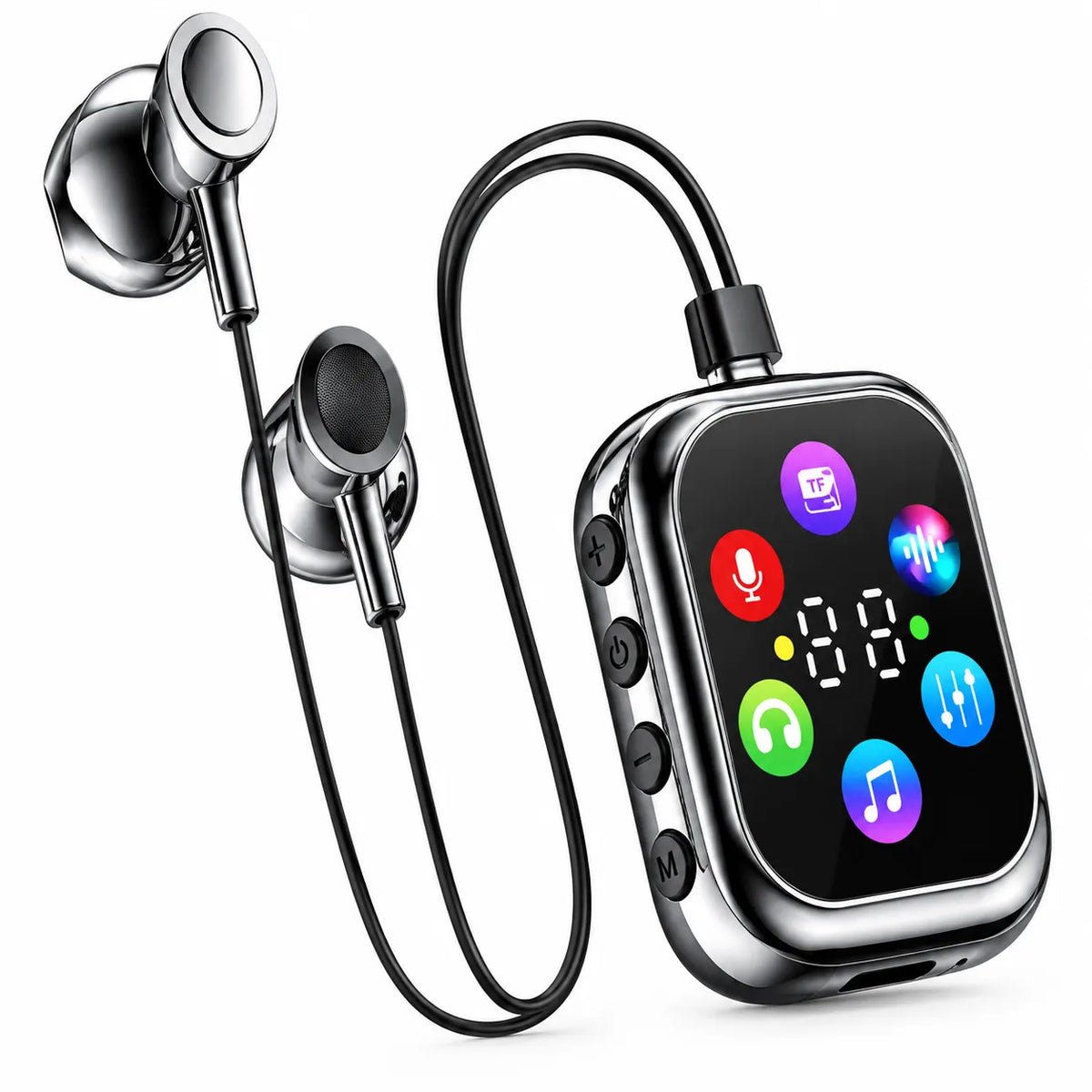 Auricolari Bluetooth in metallo con unità display LED e pulsanti laterali, cavo