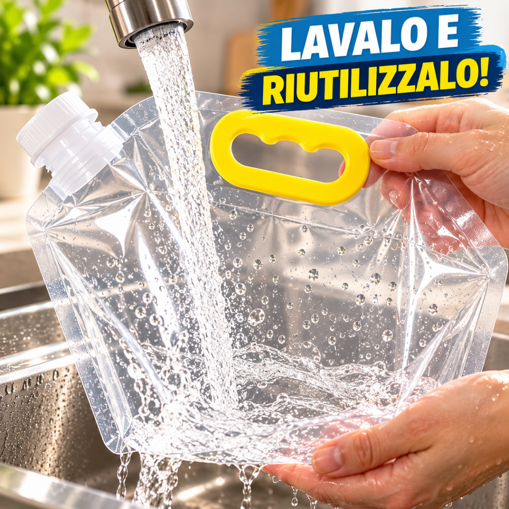 Sacchetto trasparente con beccuccio e maniglia gialla: lavaggio sotto acqua corrente