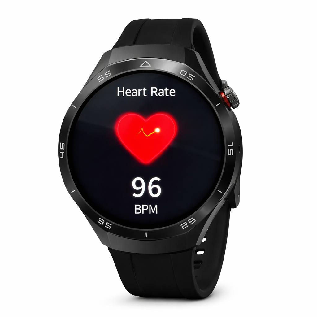 Smartwatch con cinturino nero e display Heart Rate con cuore rosso 96 BPM