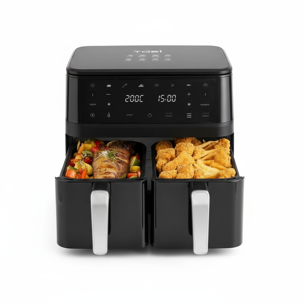 Friggitrice ad aria dual zone nera con doppio cestello aperti e pannello comandi LED.