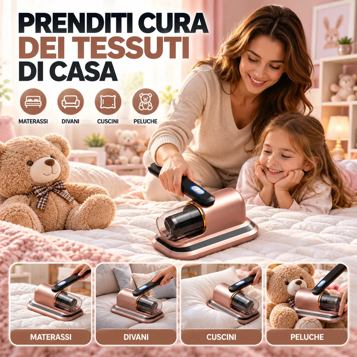 Aspirapolvere per tessuti con luce blu, usato su cuscini e peluche