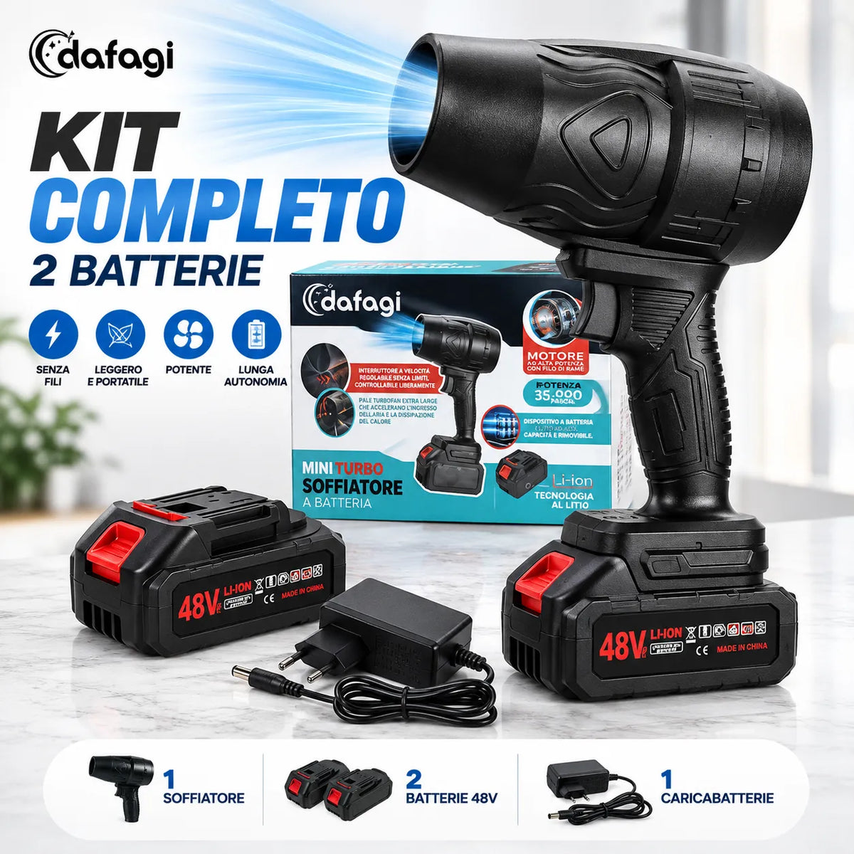 Soffiatore cordless nero compatto con batteria al litio rimovibile e caricabatterie