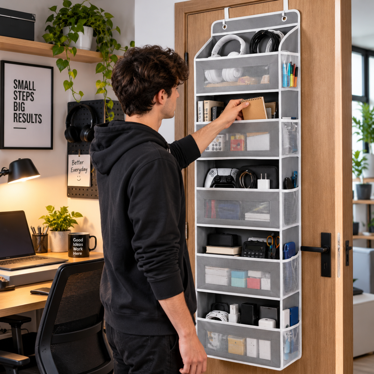 Organizer da porta sospeso con scaffali in rete grigia e tasche per accessori