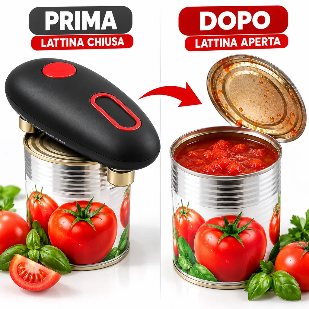 Apriscatole elettrico nero con pulsante rosso e base dorata, lattina aperta.
