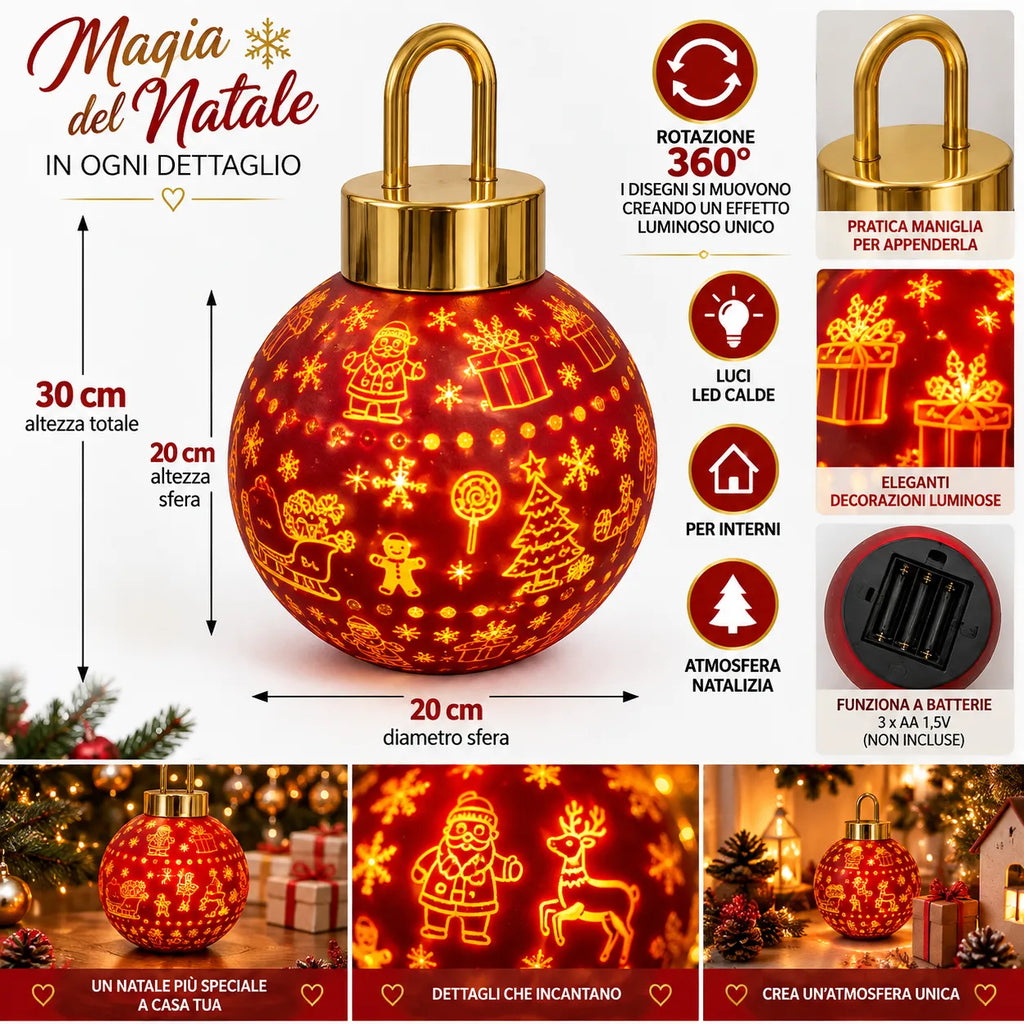 Palla di Natale luminosa LED rossa con maniglia, motivi natalizi e luce calda