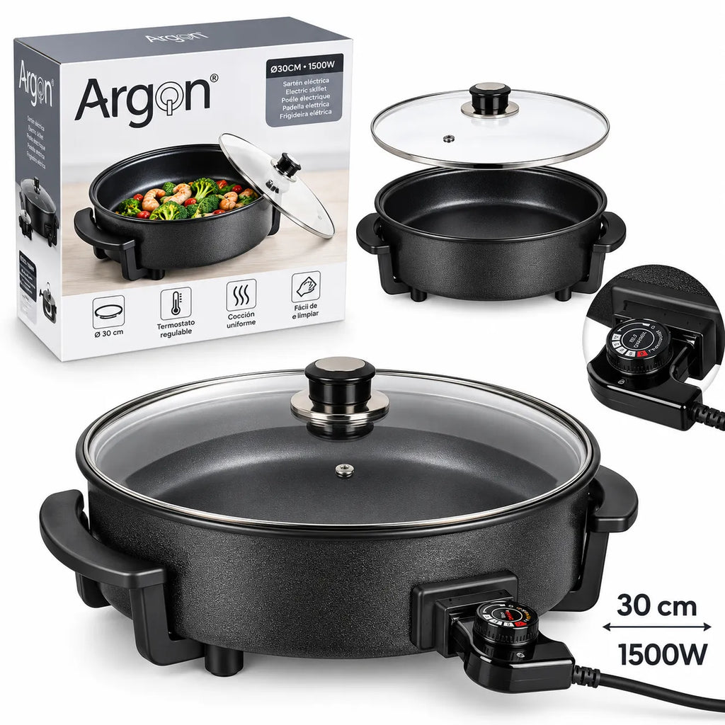 Padella elettrica Argon nera da 30 cm con coperchio in vetro e termostato regolabile