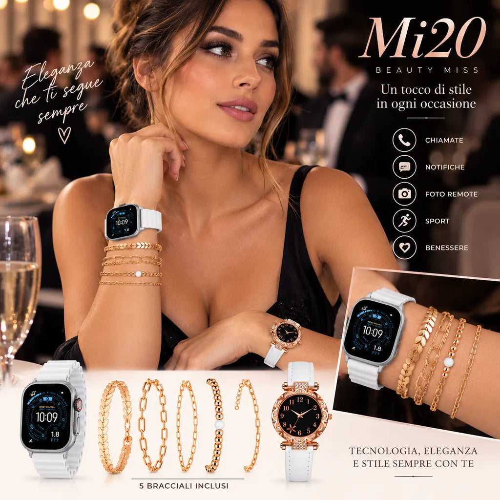 Orologio smart nero con bracciali dorati e orologio analogico rosé sul polso