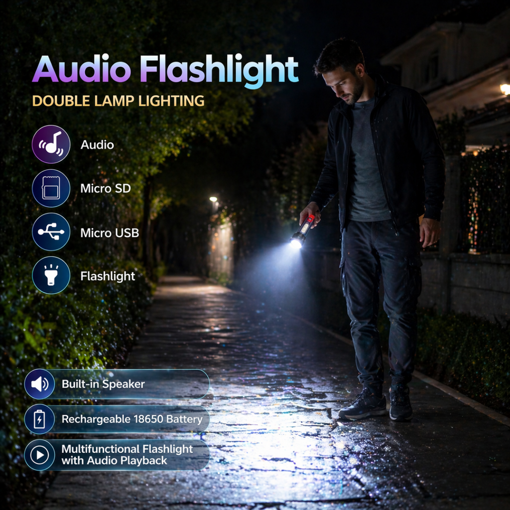 Torcia LED Ricaricabile con Speaker Bluetooth Integrato – Luce Potente + Musica | Micro SD | USB | Multifunzione Outdoor