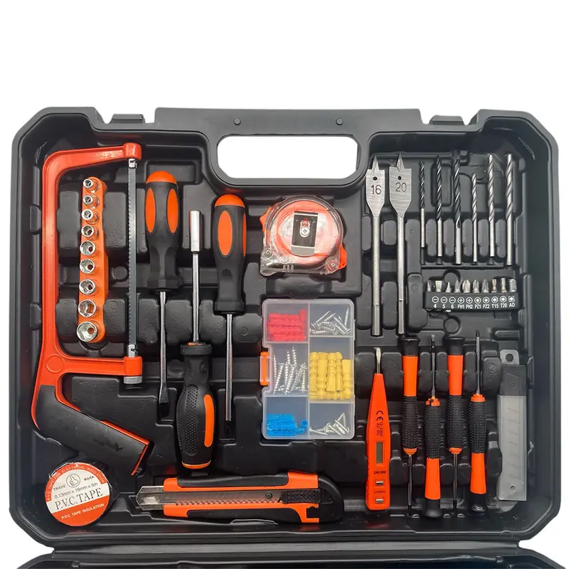 Kit di attrezzi 100 pezzi con trapano avvitatore a batteria, accessori e punte in valigetta nera e arancione