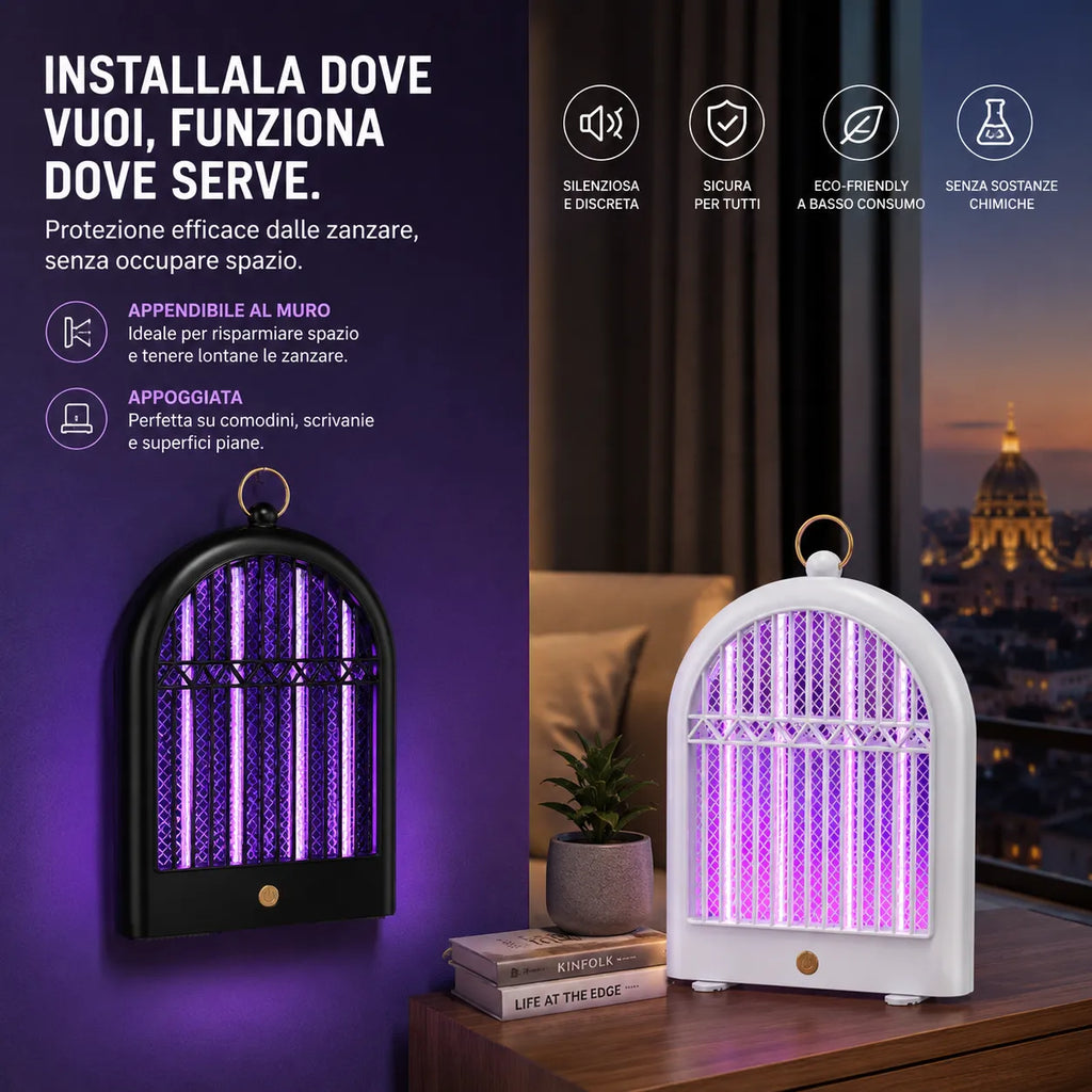 Lampada Insetticida LED UV Ricaricabile USB 2 Modalità Anti Zanzare Mosche da Appendere