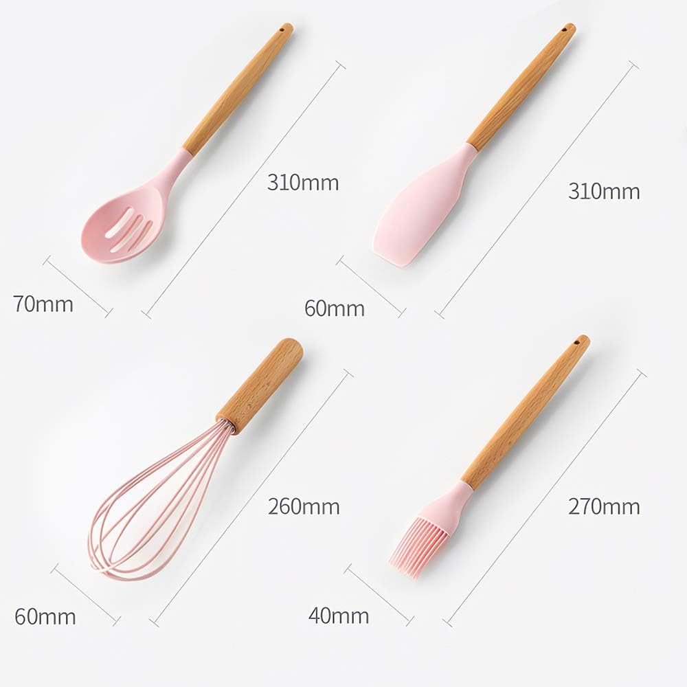 Utensili da cucina in silicone rosa con manici in legno, set assortito