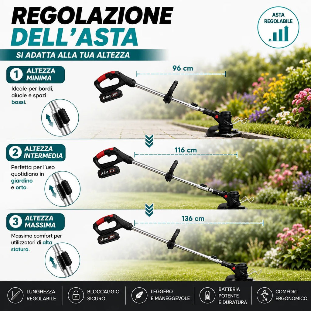 Decespugliatore a Batteria 48V con 2 Batterie – Motore 800W, Fino a 20.000 giri/min, Asta Telescopica Regolabile - | Prendilo Subito