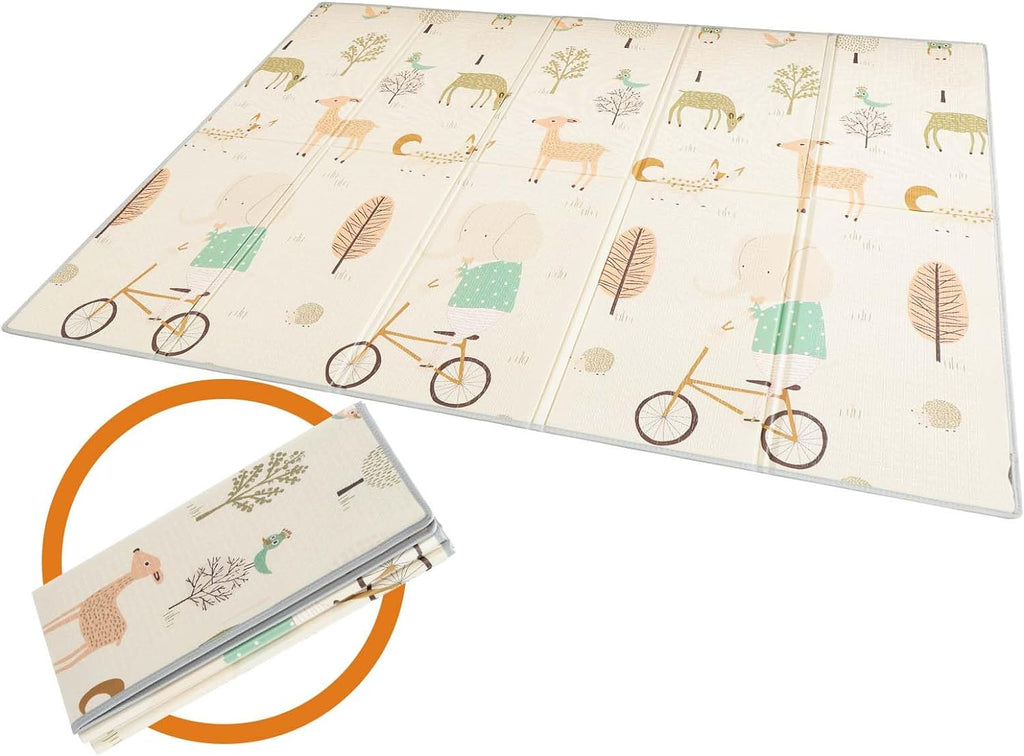 Tappeto da gioco in schiuma pieghevole con motivi animali e bici su sfondo chiaro