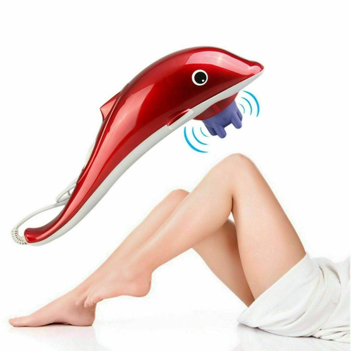 Massaggiatore delfino rosso con inserti blu e cavo elettrico