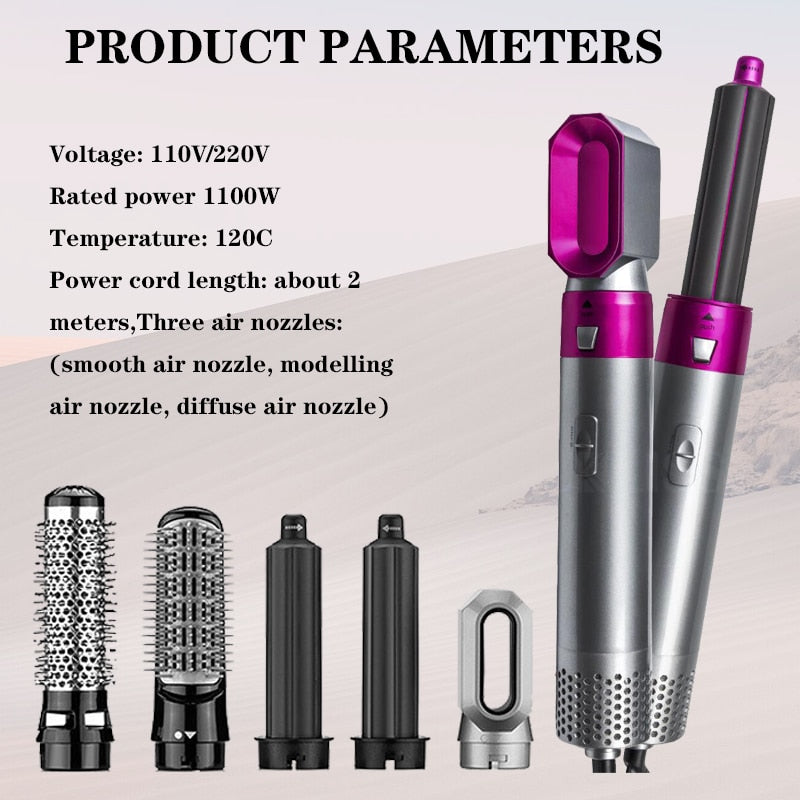 Kit asciugacapelli con corpo argento e accessori viola e neri, incluse spazzole.