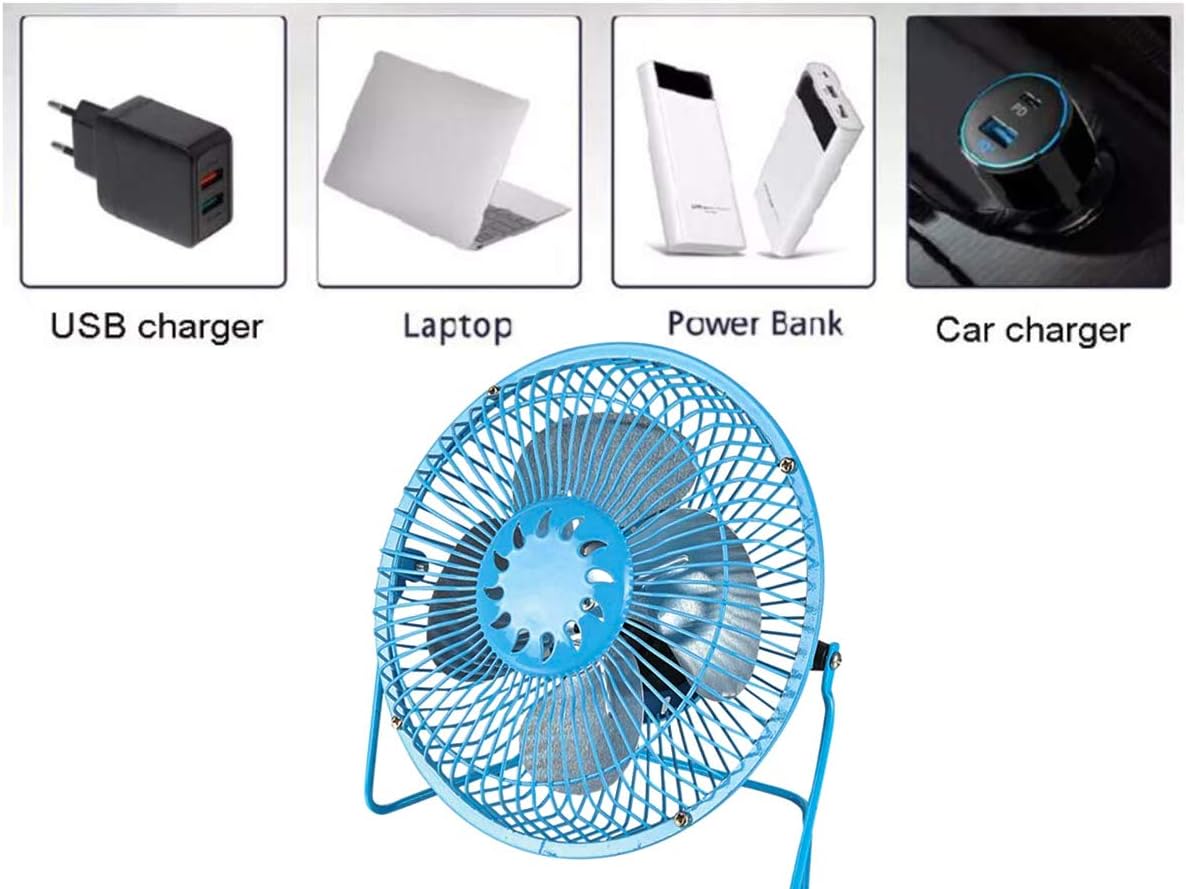 Mini ventilatore da tavolo metallico blu con griglia circolare e base a cavalletto.