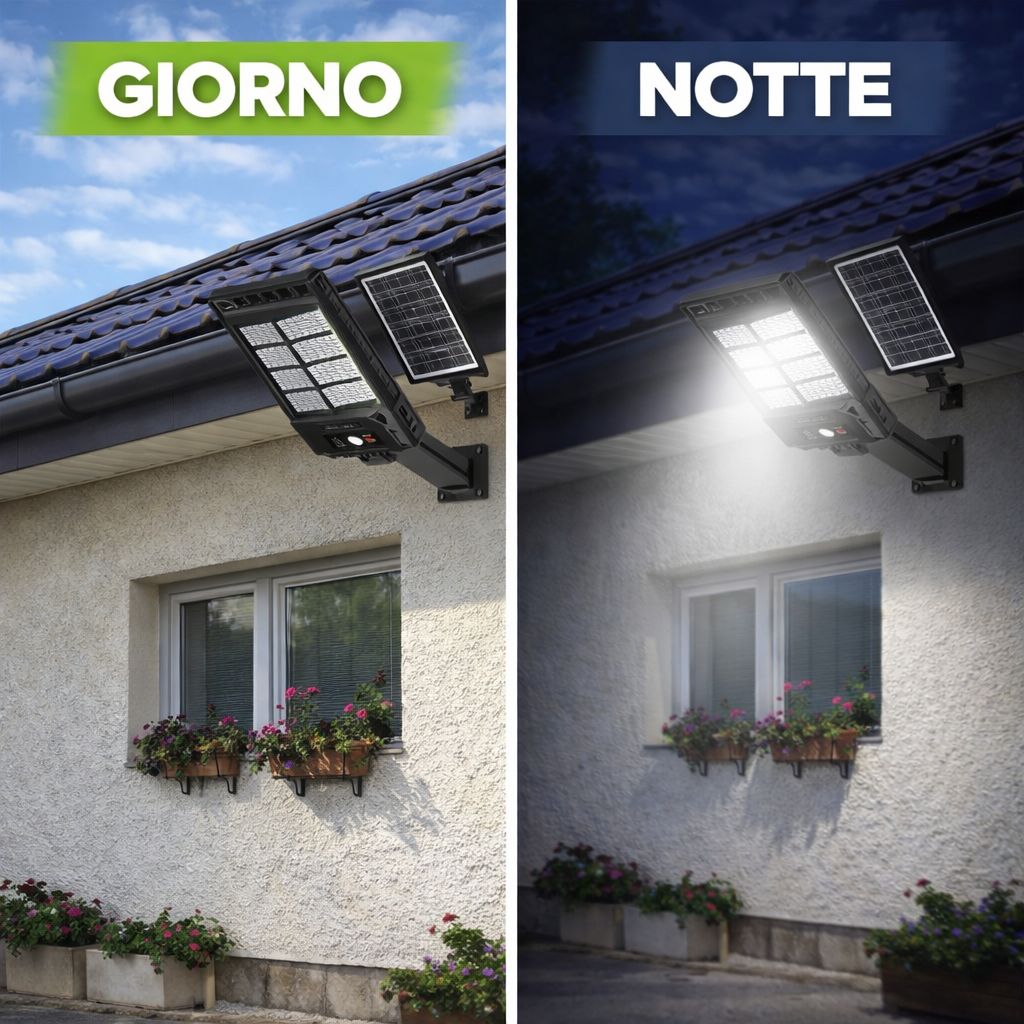 Faro LED Solare 240 LED con Sensore PIR e Telecomando – IP65 Esterno Impermeabile