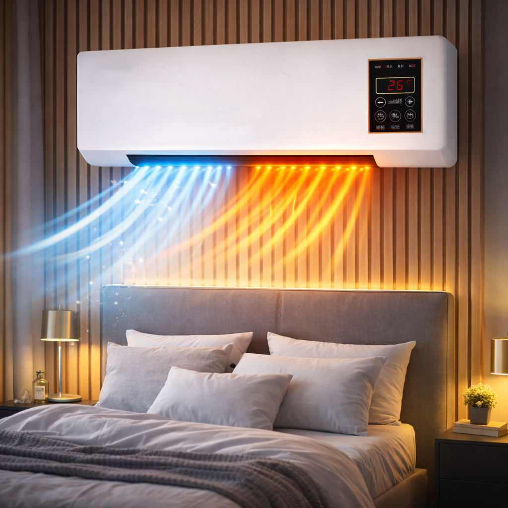 Stufa elettrica da parete bianca con display 26°C e fascia luminosa di calore