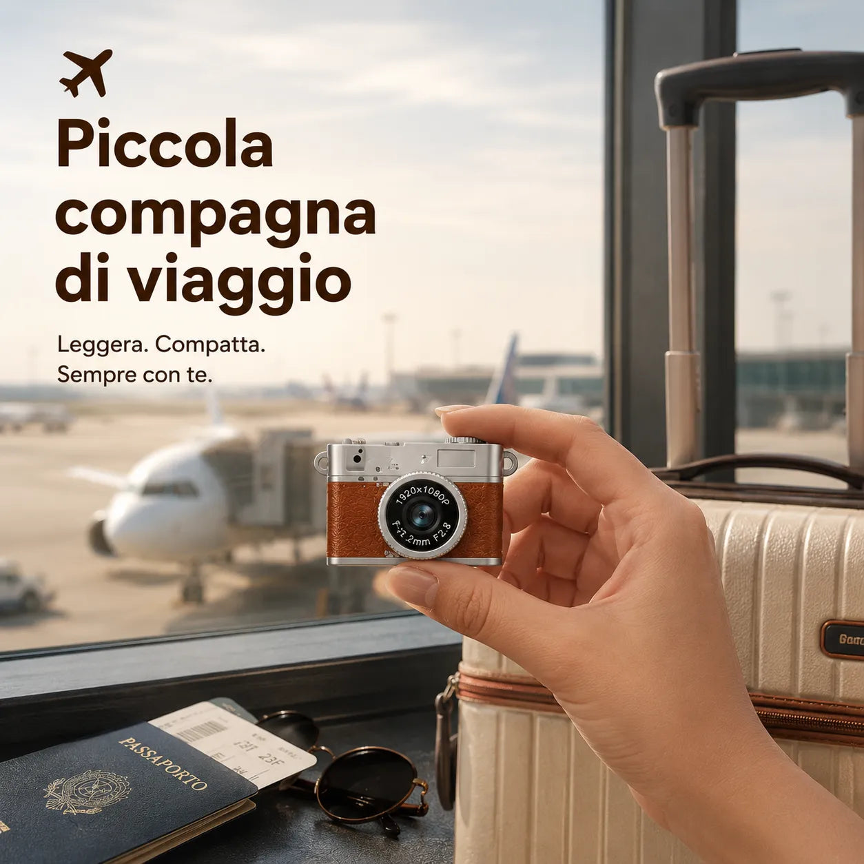 Mini fotocamera portachiavi retrò tenuta in mano, scocca argento e inserti marroni.